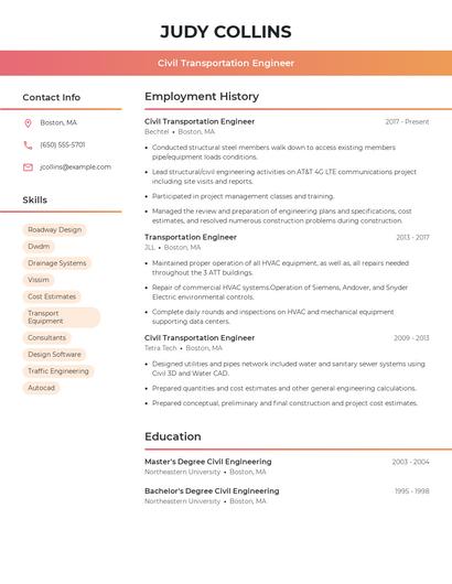 Civil Transportation Engineer Resume