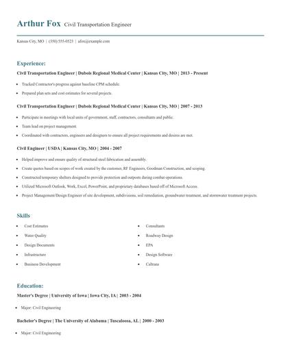 Civil Transportation Engineer Resume