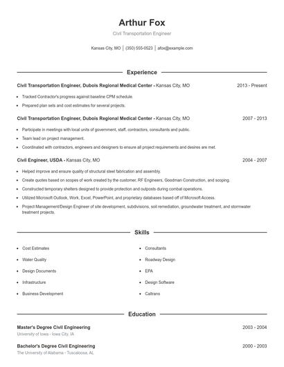 Civil Transportation Engineer Resume