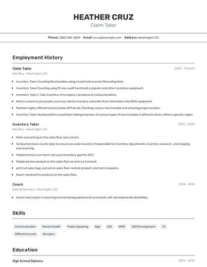 Claim Taker Resume