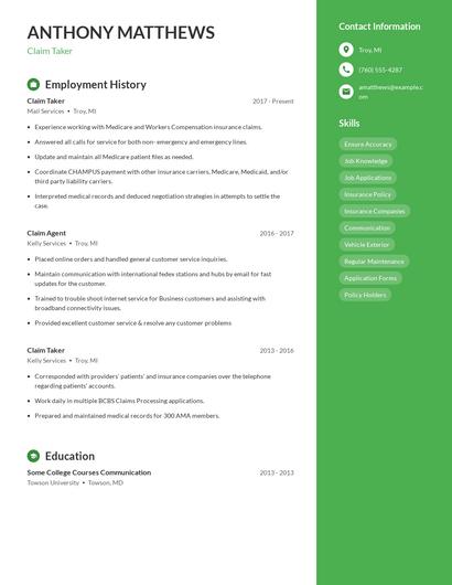 Claim Taker Resume