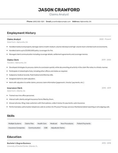 Claims Analyst Resume