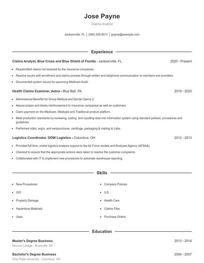 Claims Analyst Resume