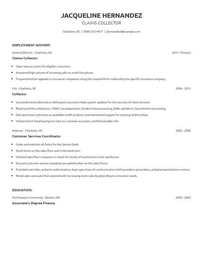 Claims Collector Resume