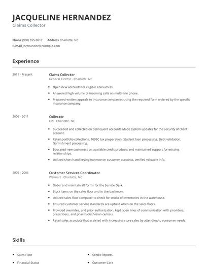Claims Collector Resume