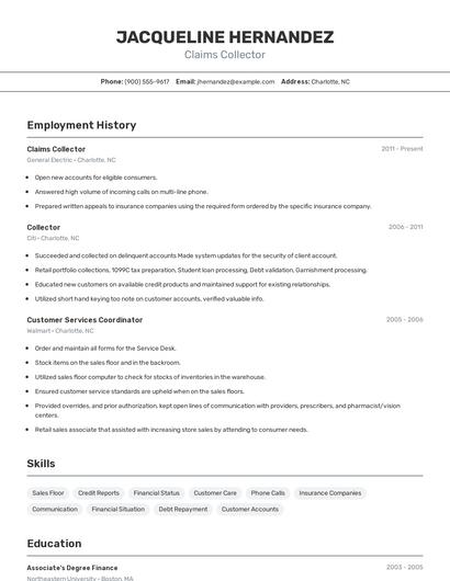 Claims Collector Resume
