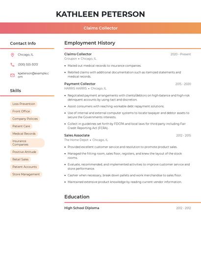 Claims Collector Resume