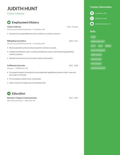 Claims Collector Resume