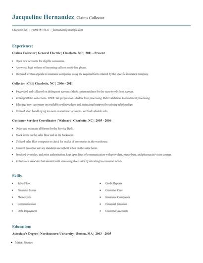 Claims Collector Resume