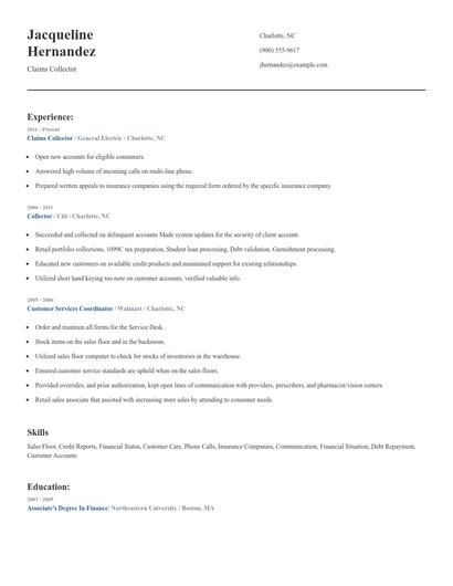 Claims Collector Resume