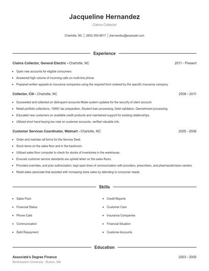 Claims Collector Resume