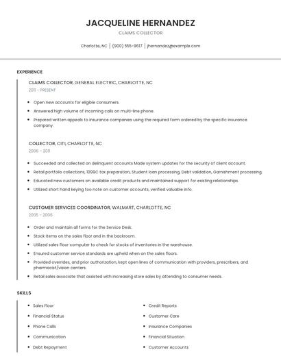 Claims Collector Resume