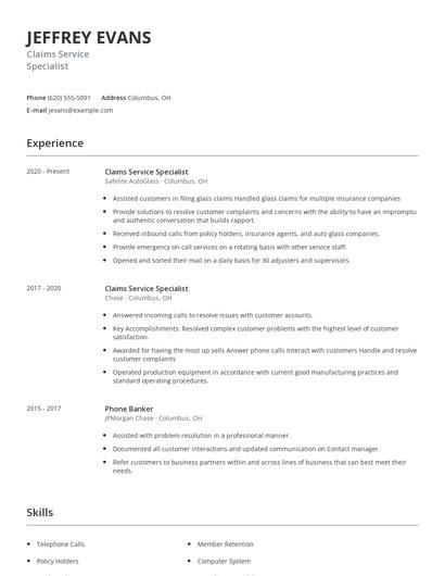 Claims Service Specialist Resume