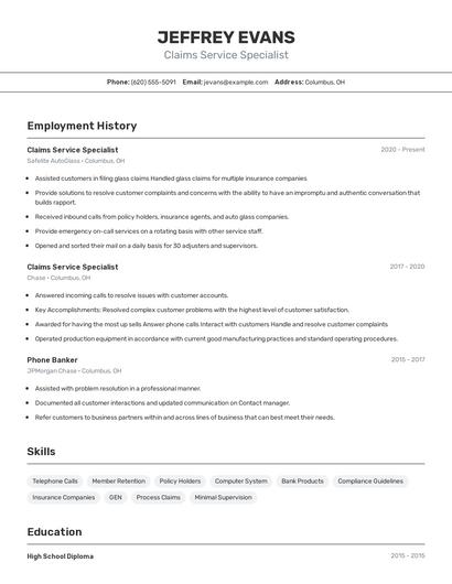 Claims Service Specialist Resume
