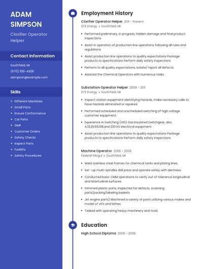 Clarifier Operator Helper Resume