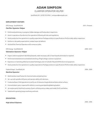 Clarifier Operator Helper Resume