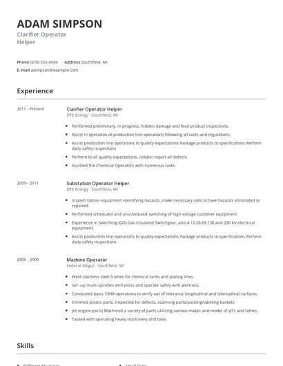 Clarifier Operator Helper Resume