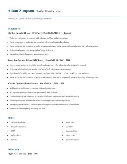 Clarifier Operator Helper Resume