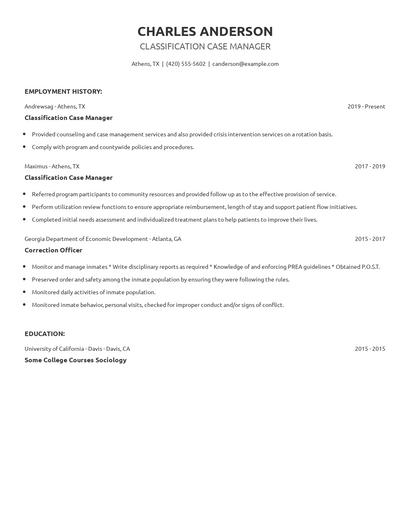 Classification Case Manager Resume