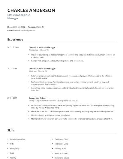 Classification Case Manager Resume