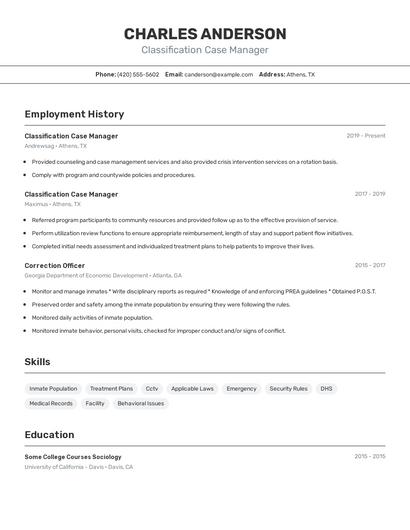 Classification Case Manager Resume