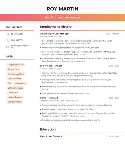 Classification Case Manager Resume