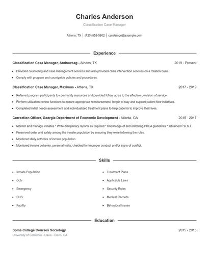 Classification Case Manager Resume