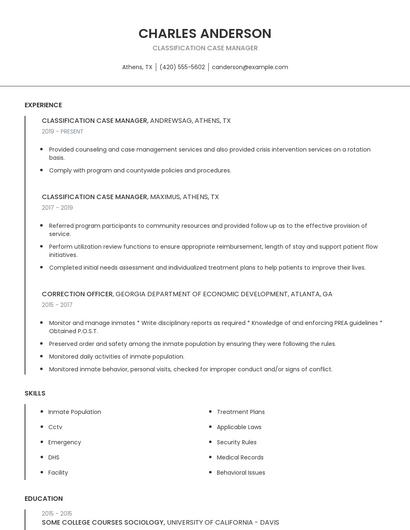 Classification Case Manager Resume