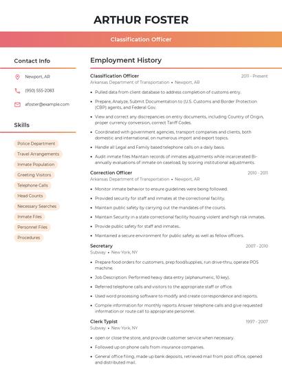 Classification Officer Resume