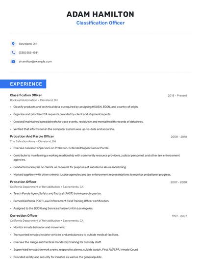 Classification Officer Resume