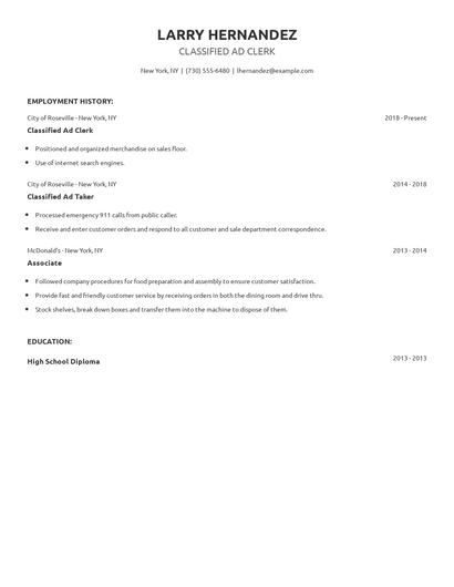 Classified Ad Clerk Resume
