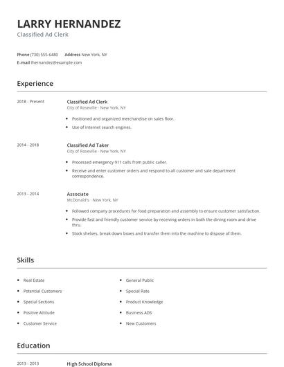 Classified Ad Clerk Resume