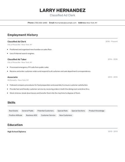 Classified Ad Clerk Resume