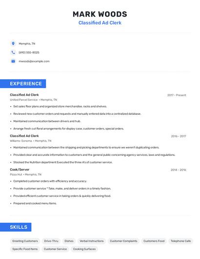 Classified Ad Clerk Resume