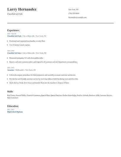 Classified Ad Clerk Resume