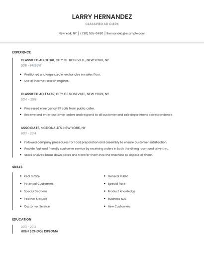Classified Ad Clerk Resume