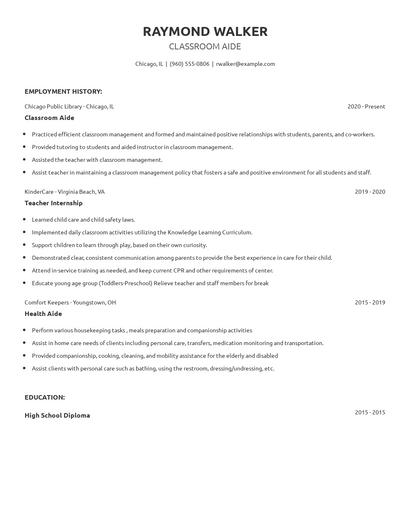 Classroom Aide Resume