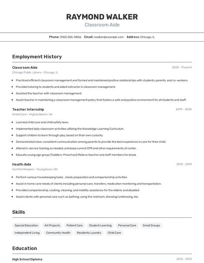 Classroom Aide Resume