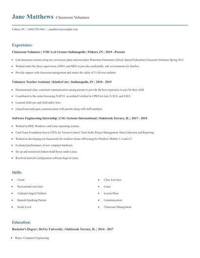 Classroom Volunteer Resume