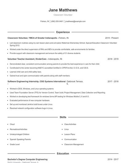 Classroom Volunteer Resume