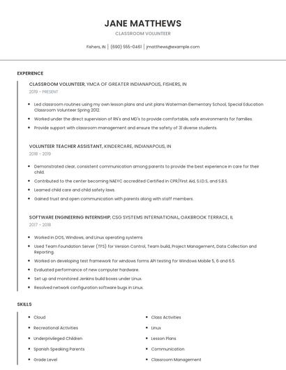 Classroom Volunteer Resume