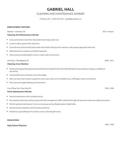 Cleaning And Maintenance Worker Resume
