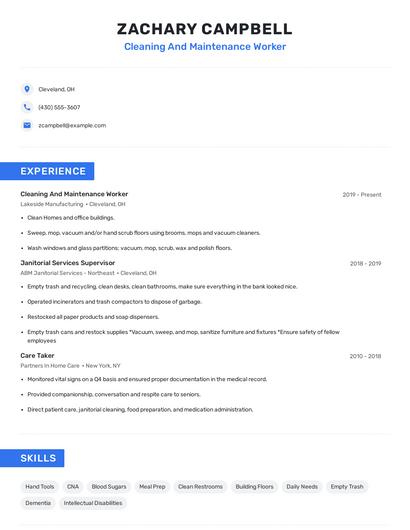 Cleaning And Maintenance Worker Resume