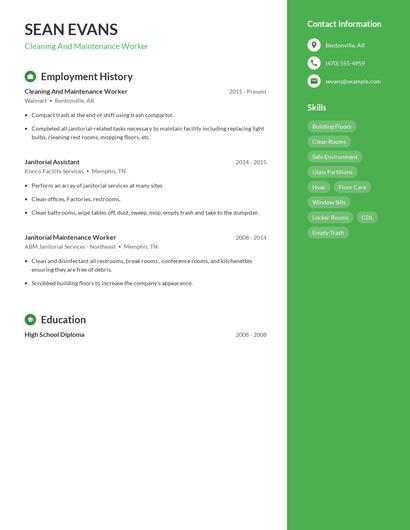 Cleaning And Maintenance Worker Resume