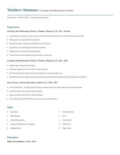 Cleaning And Maintenance Worker Resume