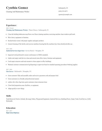 Cleaning And Maintenance Worker Resume