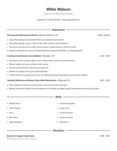 Cleaning And Maintenance Worker Resume