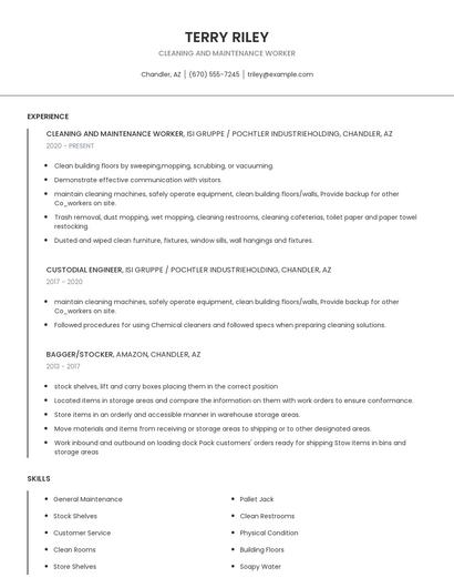 Cleaning And Maintenance Worker Resume