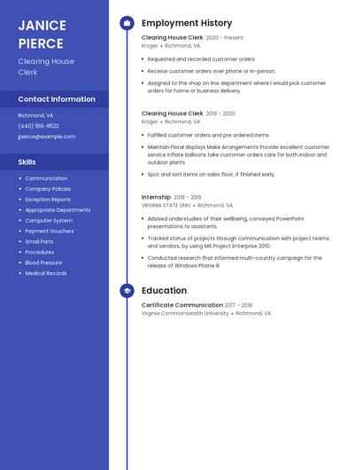 Clearing House Clerk Resume