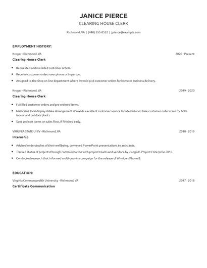 Clearing House Clerk Resume